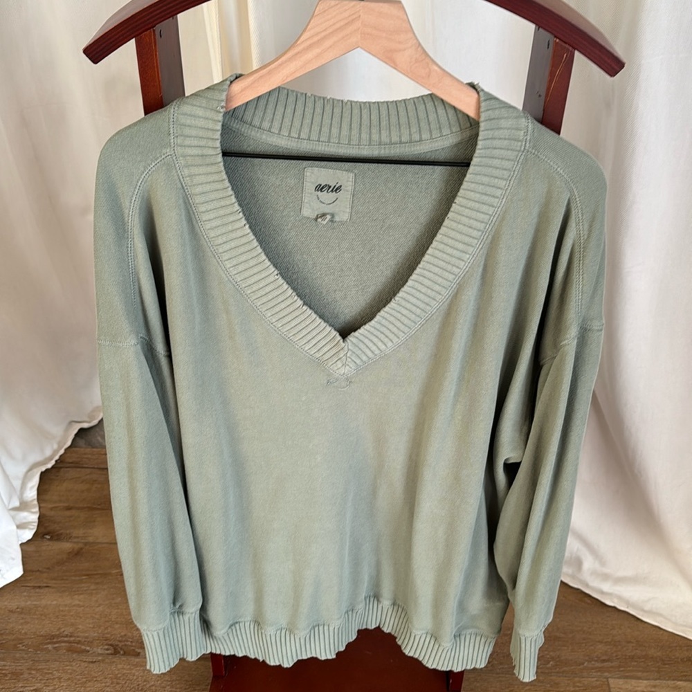 Aerie Oversized Distressed V-Neck Sweatshirt - Size Medium